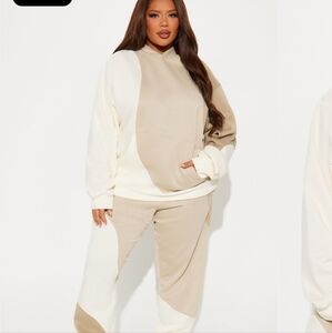 Fashion Nova Cream and Tan Colorblock Jogger Set